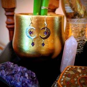 Silver tone genuine amethyst and hematite moon earrings